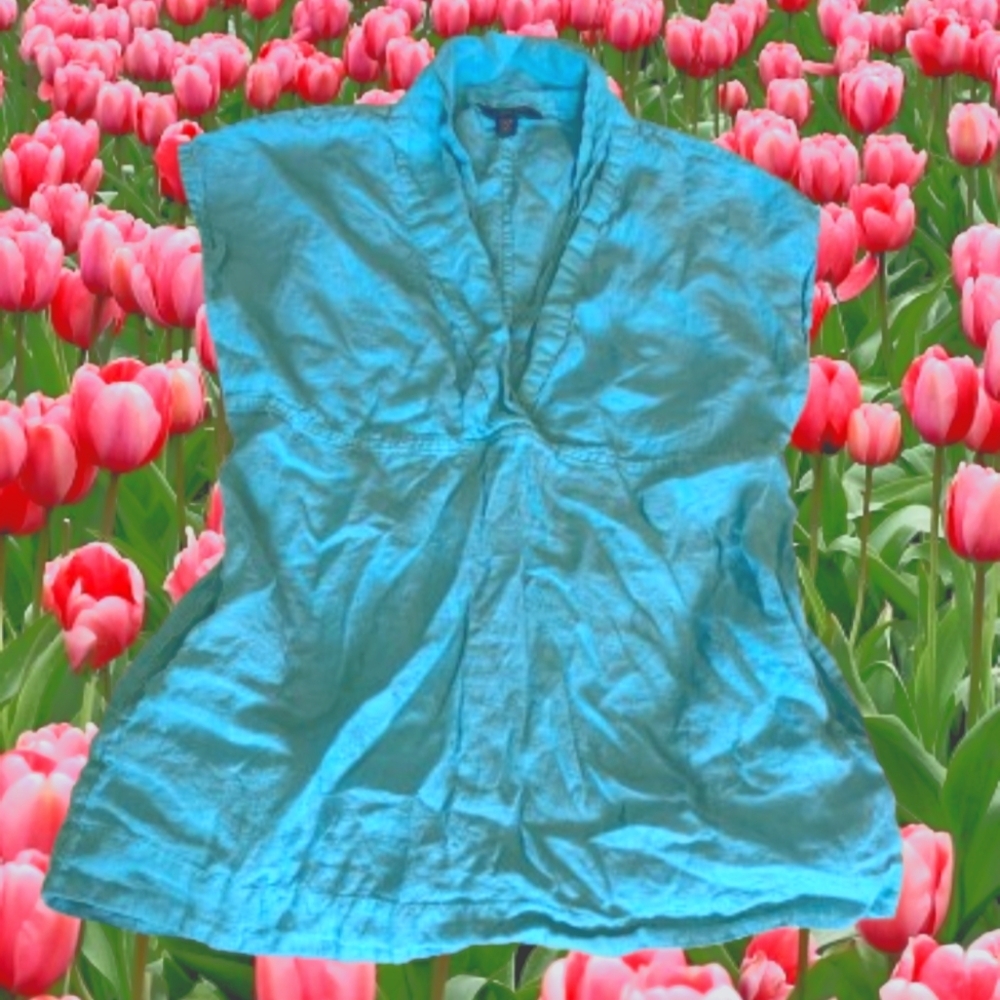 Lands' End Sea Blue Linen Relaxed Mandarin Collar Blouse Pockets Size 2-4